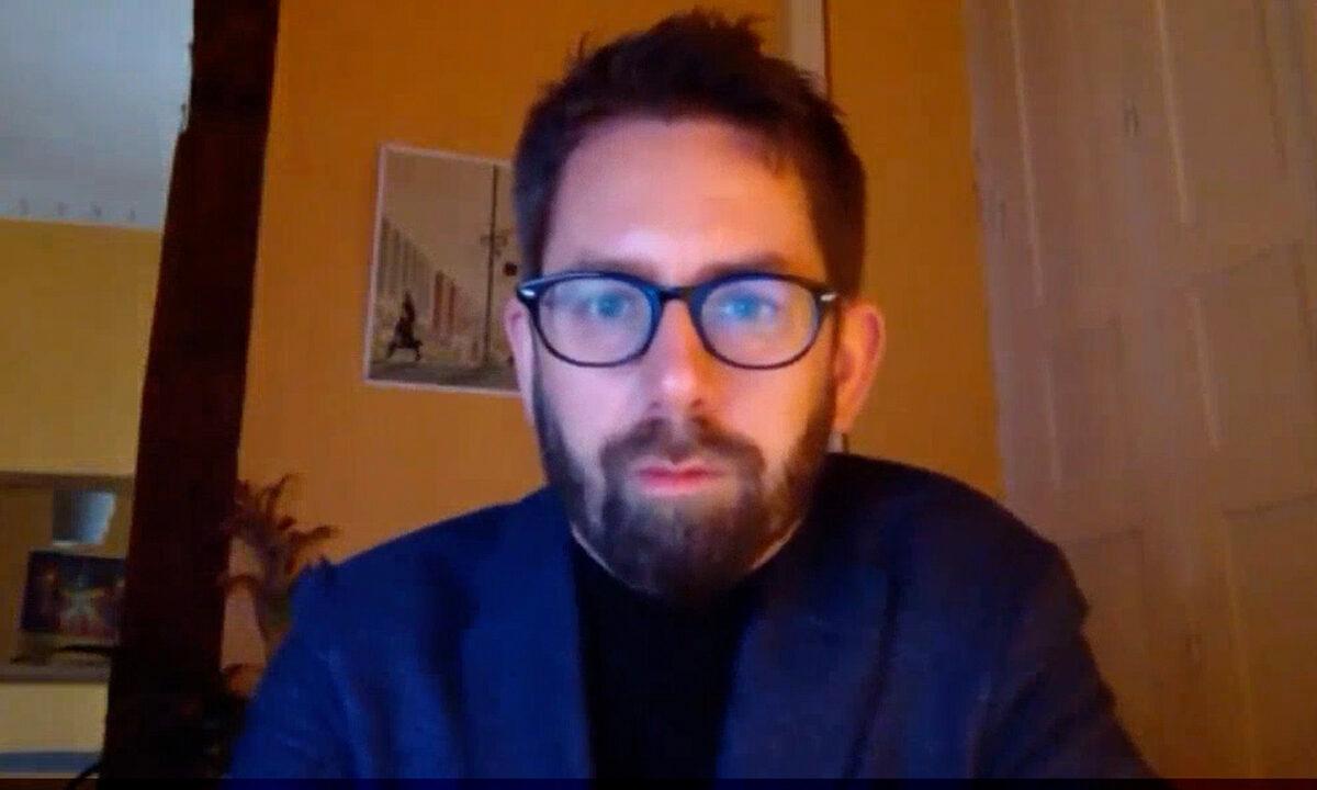 Peter Dahlin, director of human rights NGO Safeguard Defenders, speaks to The Epoch Times during a virtual interview, in Spain, on March 8, 2021. (The Epoch Times/Screenshot)