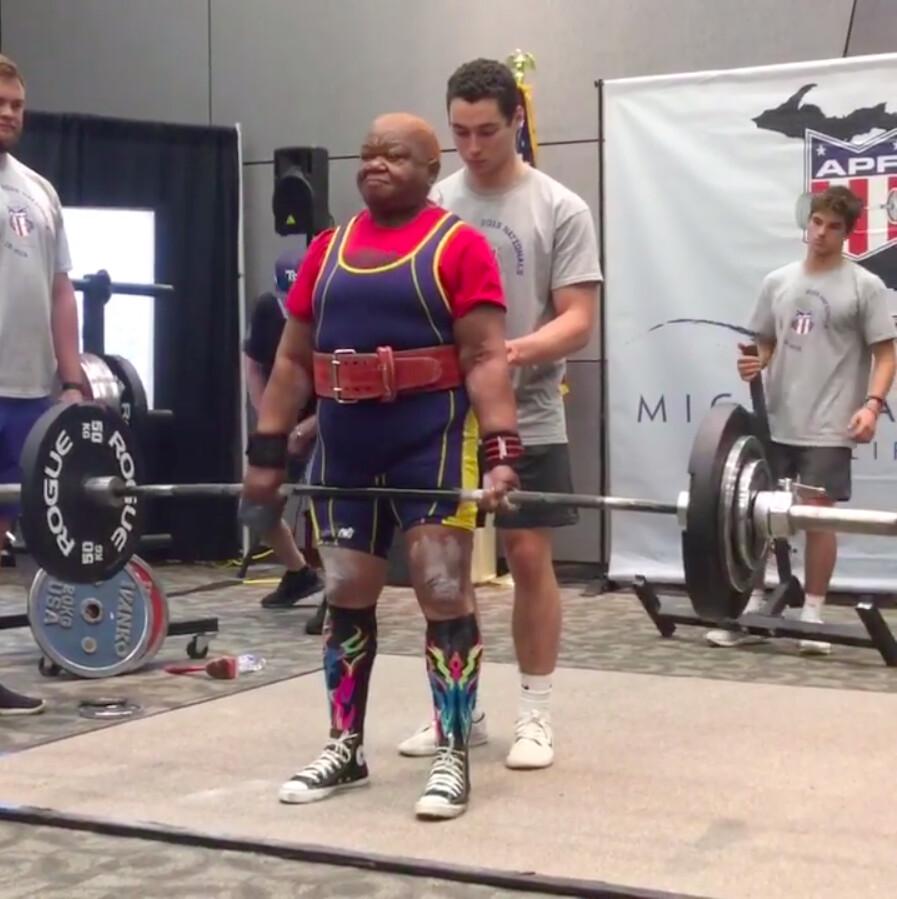 Nora Langdon, then 76, deadlifting at the APF National Championship in Grand Rapids, Michigan, on June 14, 2019. (Courtesy of <a href="https://www.instagram.com/jazzienora/">Nora Langdon</a>)