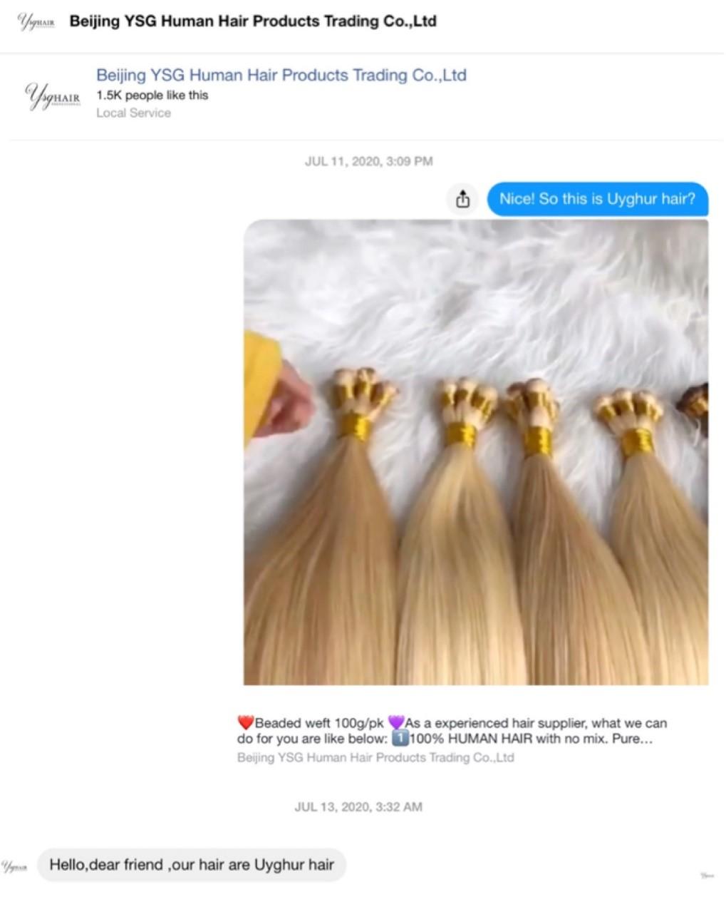On top, a screenshot of a message sent through Facebook messenger to Beijing YSG Human Hair products that includes a copy of the company's Facebook ad. Below, a screenshot of the reply through Facebook messenger by YSG. (Screenshot /Beijing YSG)