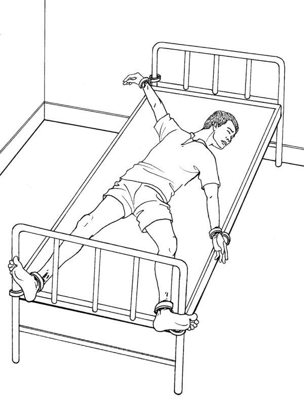 Cuffed to a bed in a painful position. (Minghui.org)