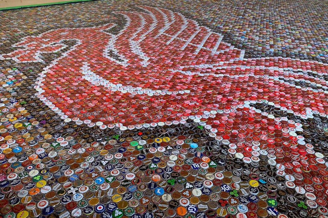Liverpool Fan Creates Liver Bird Floor Mosaic out of 25,000 Beer Bottle Caps for Bar Floor