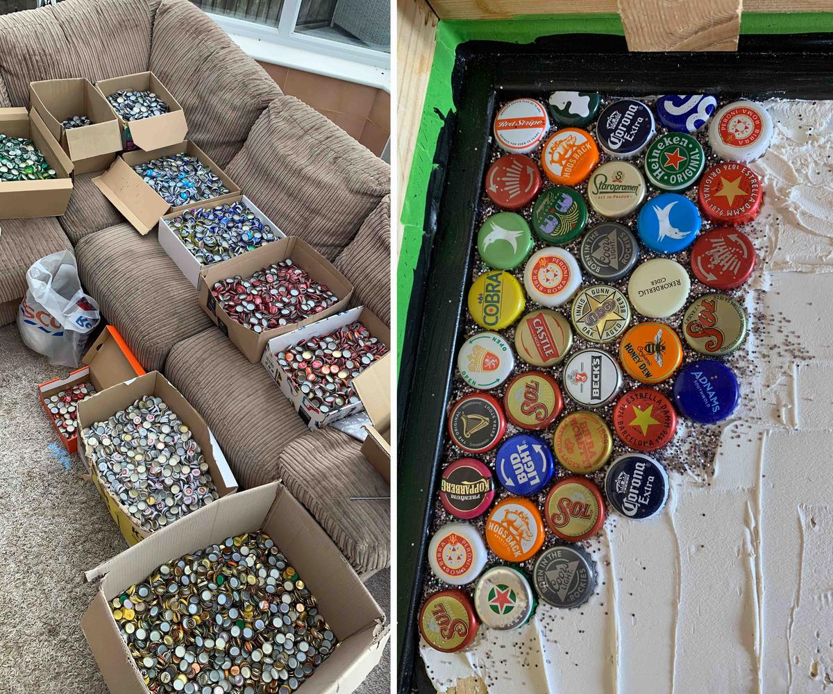 Longley transformed his summer house bar floor into a football mural with 25,000 beer bottle caps. (Caters News)