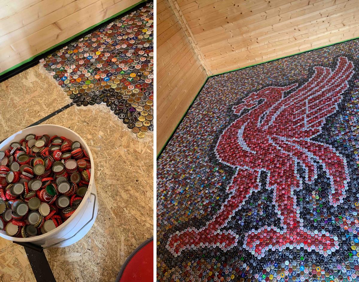 The Liver bird mosaic formed from bottle caps (Caters News)