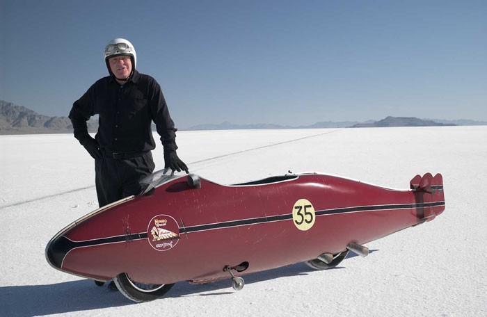 Burt Munro (Anthony Hopkins) with his super-fast, home-grown, souped-up Indian Scout motorcycle, in “The World’s Fastest Indian.” (Magnolia Pictures)