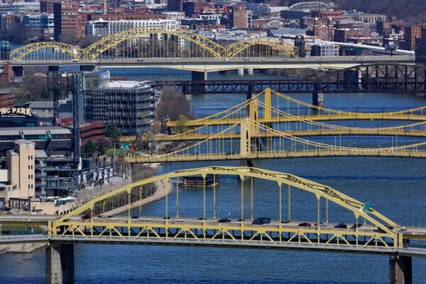 Bridges spanning the Allegheny River in downtown Pittsburgh, Pa., on April 2, 2021. (AP Photo/Gene J. Puskar)