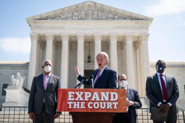 (L-R) Rep. Hank Johnson (D-Ga.), Sen. Ed Markey (D-Mass.), House Judiciary Committee Chairman Rep. Jerrold Nadler (D-N.Y.), and Rep. Mondaire Jones (D-N.Y.) hold a press conference in front of the U.S. Supreme Court, on April 15, 2021. (Drew Angerer/Getty Images)