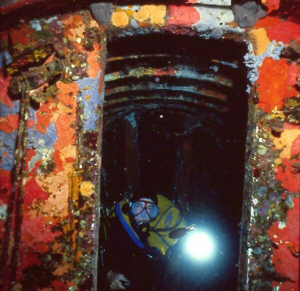 Inside the bomb bay of a sunken B-17 bomber. (Courtesy of John Christopher Fine)