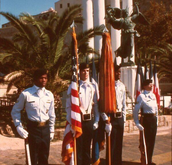 The U.S. honor guard sent by the U.S. Air Force in honor of the 50th anniversary commemoration of the end of World War II, in Corsica in 1995. (Courtesy of John Christopher Fine)