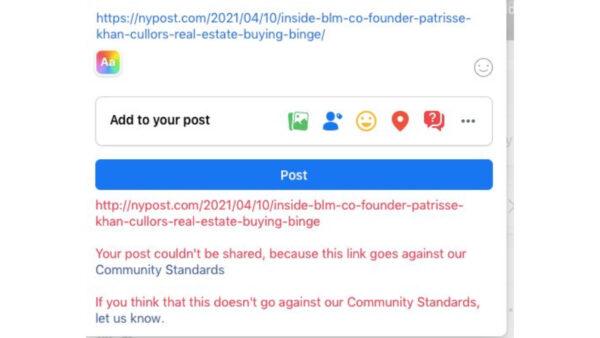 A screenshot of the New York Post article about Black Lives Matter co-founder Patrisse Khan-Cullors being blocked from getting posted on Facebook on April 16, 2021. (Screenshot/Katabella Roberts)