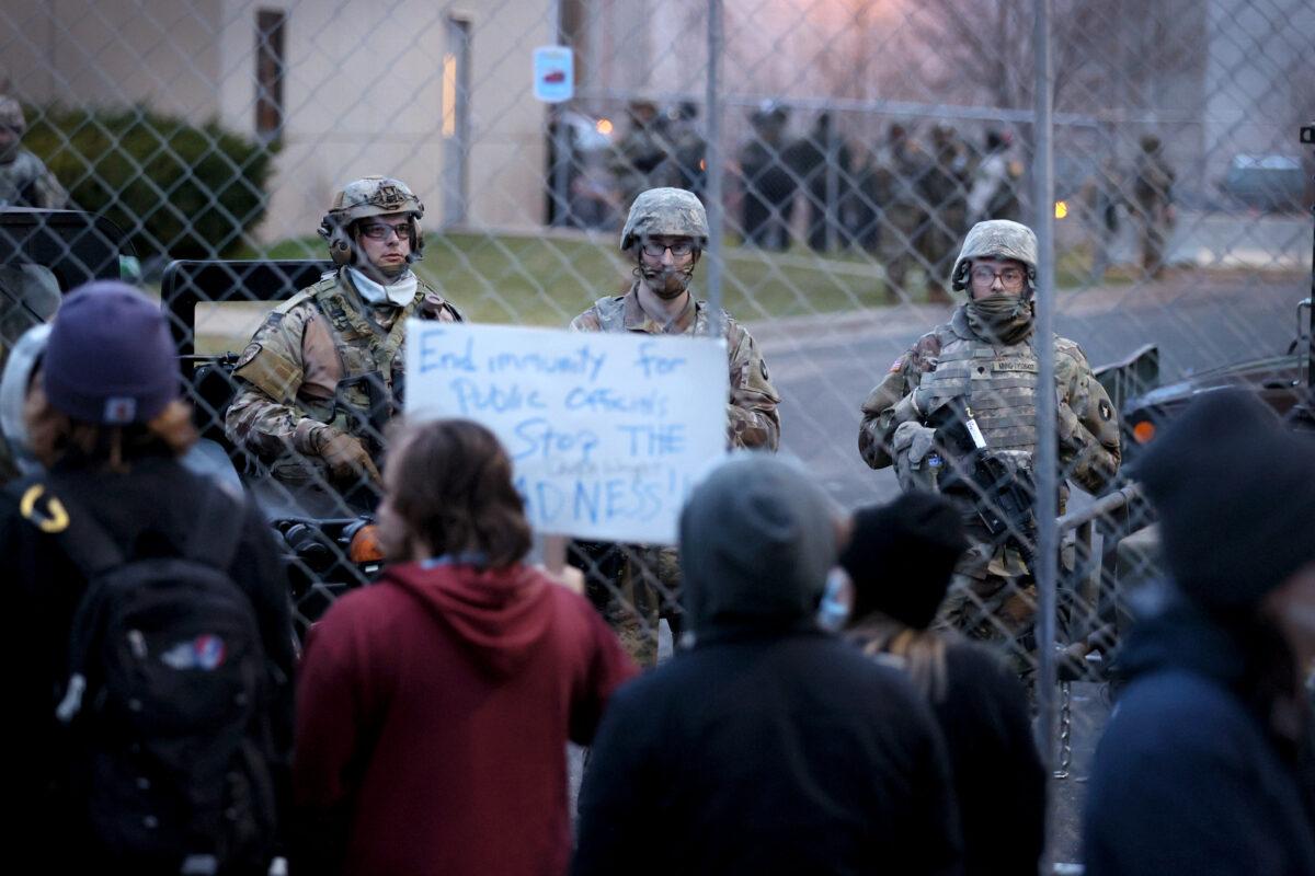 Demonstrators protest outside of the Brooklyn Center Police Department in Brooklyn Center, Minn., on April 15, 2021. (Scott Olson/Getty Images)