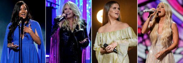 This combination photo shows Mickey Guyton, from left, Miranda Lambert, Maren Morris and Carrie Underwood performing at the 56th annual Academy of Country Music Awards in Nashville, Tenn., on April 18, 2021. (AP Photo)