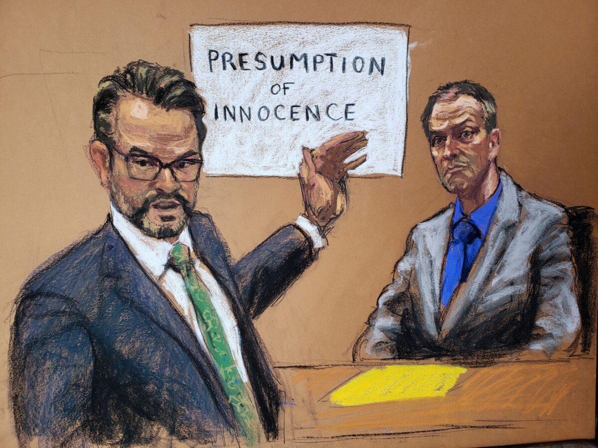 In this courtroom sketch, former Minneapolis police officer Derek Chauvin listens as defense attorney Eric Nelson makes closing arguments during Chauvin's trial for second-degree murder, third-degree murder and second-degree manslaughter in the death of George Floyd in Minneapolis, Minn., on April 19, 2021. (Jane Rosenberg/Reuters)