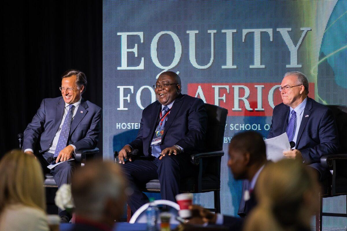 Dean of Liberty University School of Business Dave Brat (L); Redeemed Christian Bible College and Seminary President Sayo Ajiboye (C); and Global Strategic Alliance President Kevin Jessip (R) at the Equity for Africa Summit at Liberty University in Lynchburg, Va., on April 14, 2021. (Ellie Richardson)