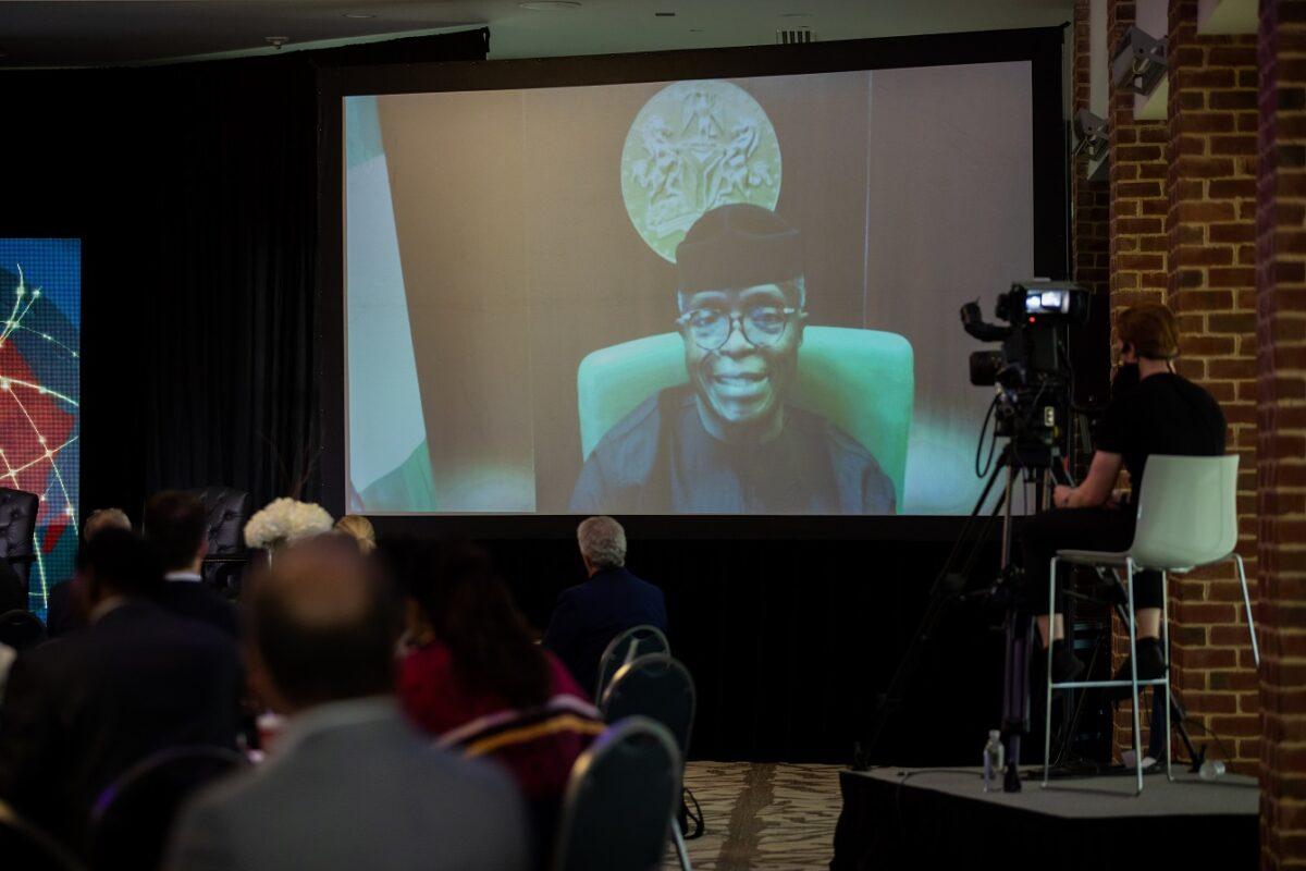 H.E. Yemi Osinbajo, vice president of Nigeria, speaking to the Equity for Africa Summit via live video from Nigeria at Liberty University in Lynchburg, Va., on April 14, 2021. (Ellie Richardson)