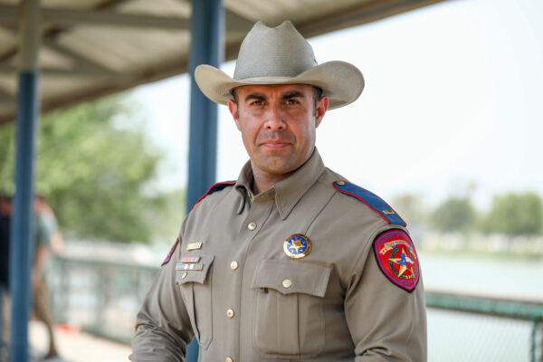 Lt. Chris Olivarez from the Texas Department of Public Safety at a press conference in Anzalduas Park near McAllen, Texas, on April 28, 2021. (Charlotte Cuthbertson/The Epoch Times)