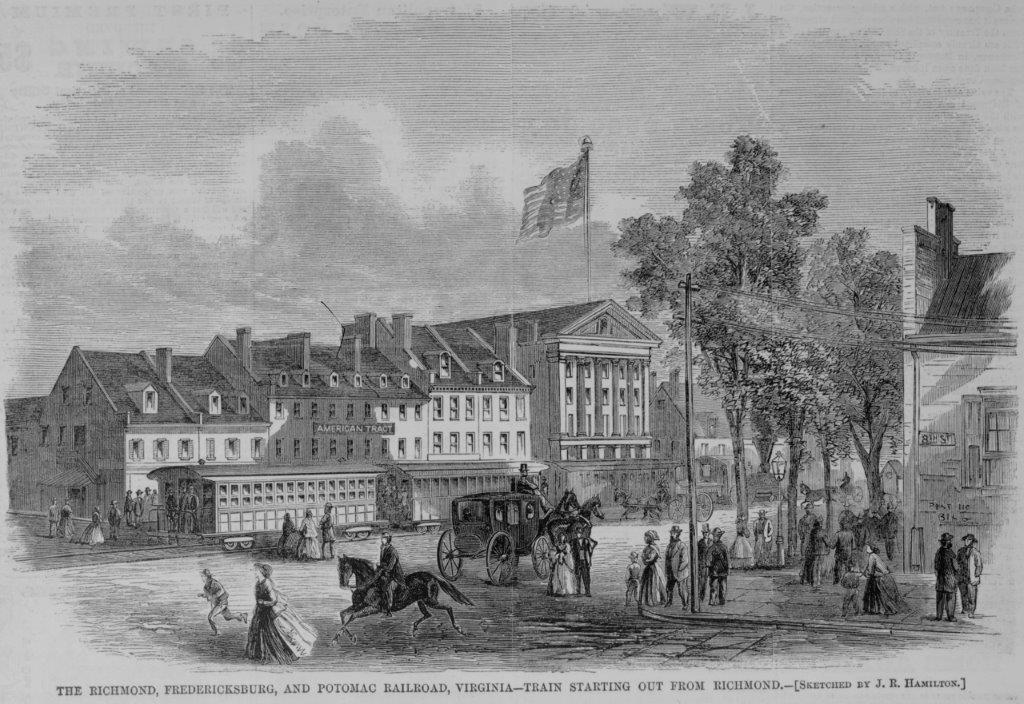 "Railroad Train in Richmond, Virginia." Sketch by J.R. Hamilton, published in Harper’s Weekly. (Library of Congress)