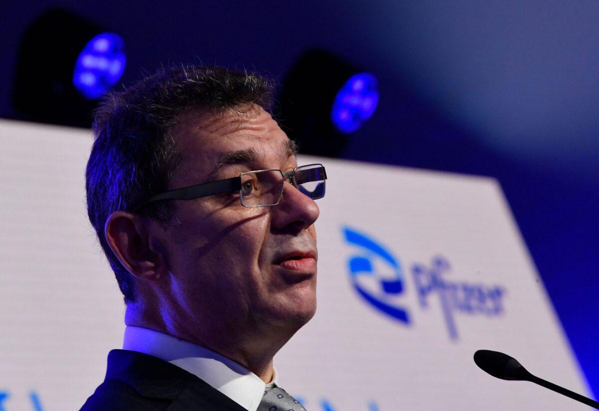 Pfizer CEO Albert Bourla talks during a press conference in Puurs, Belgium, on April 23, 2021. (John Thys/Pool/AFP via Getty Images)