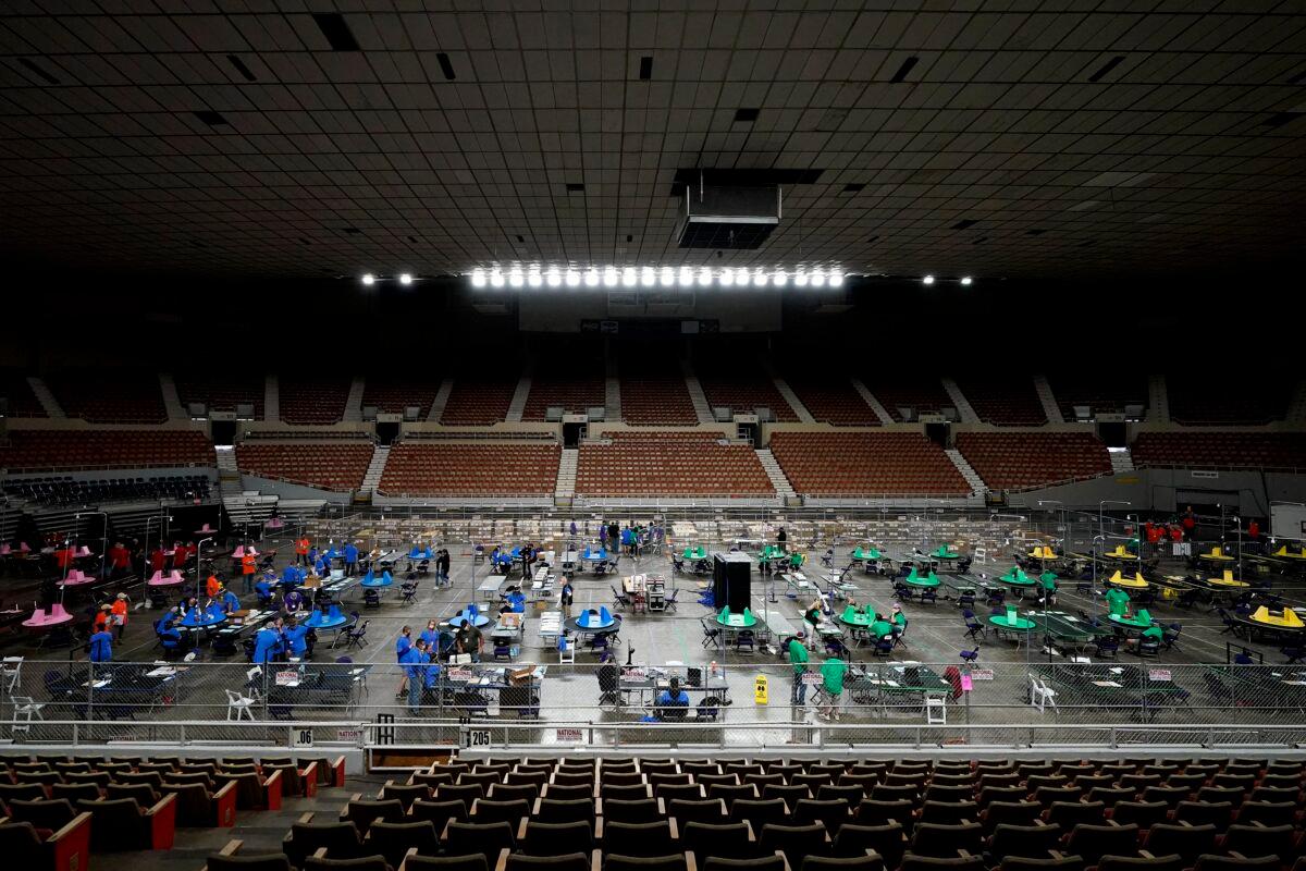 A 2020 election audit takes place at Veterans Memorial Coliseum in Phoenix, Ariz., on May 6, 2021. (Matt York/Pool/AP Photo)
