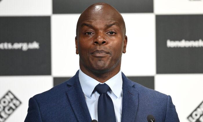 Conservative candidate Shaun Bailey speaks after Labour's Sadiq Khan was re-elected as London mayor for second term at the London election count declaration in London on May 8, 2021. (Leon Neal/Getty Images)