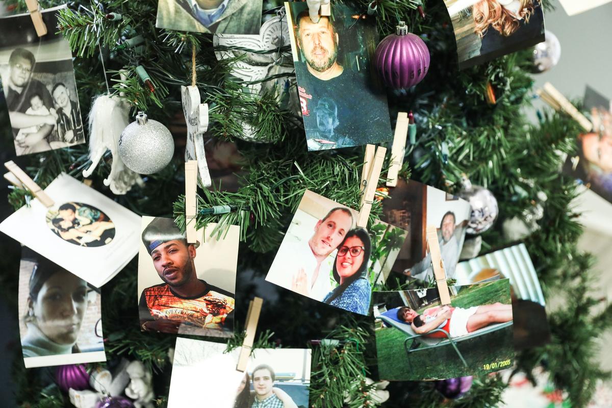 Photos of people who have died due to their opioid addiction, on a tree at The McShin Foundation, a nonprofit recovery community organization, in Richmond, Va., on May 12, 2021. (Samira Bouaou/The Epoch Times)