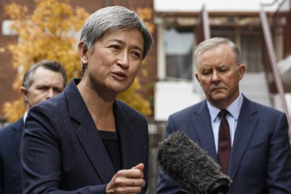 Australia's Shadow Foreign Affairs Minister Senator Penny Wong speaks to the media alongside opposition leader Anthony Albanese in Melbourne, Australia, on May 18, 2021. (AAP Image/Daniel Pockett)