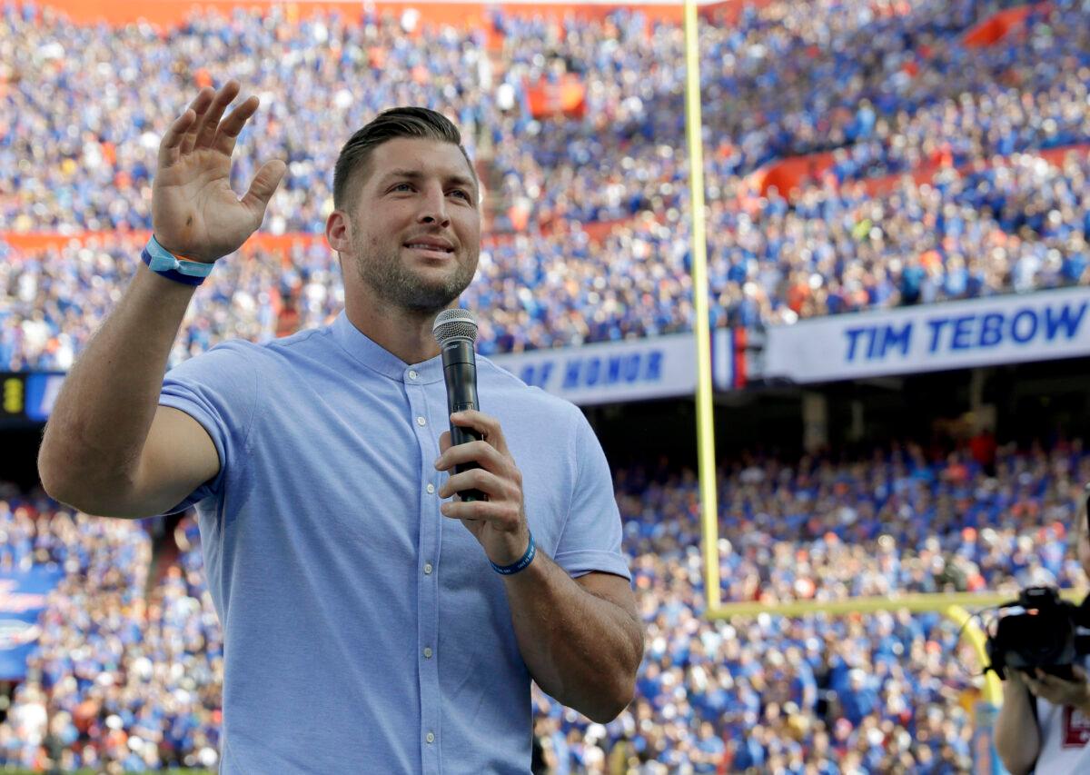 Former Florida football player Tim Tebow speaks to fans in Gainesville, Fla., on Oct. 6, 2018. (John Raoux/AP Photo)