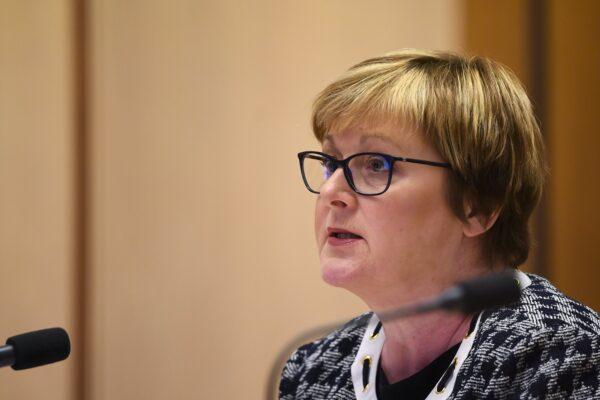 Australian Government Services Minister Linda Reynolds speaks during a Senate inquiry at Parliament House in Canberra, Australia, on May 3, 2021. (AAP Image/Lukas Coch)