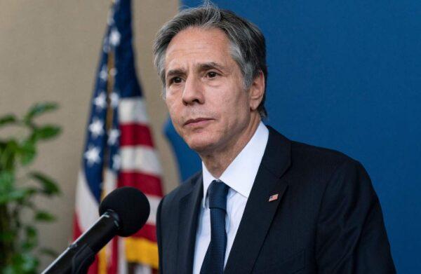 Secretary of State Antony Blinken speaks as he greets staff members of the US Embassy in the Egyptian capital Cairo on May 26, 2021. (Alex brandon/Pool/AFP via Getty Images)