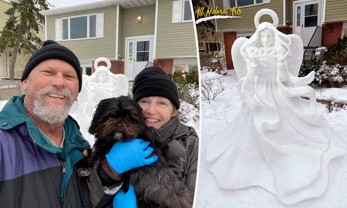 2 Talented Sculptors Craft Life-Size ‘Angel of Hope’ Snow Sculpture, Touching Hearts