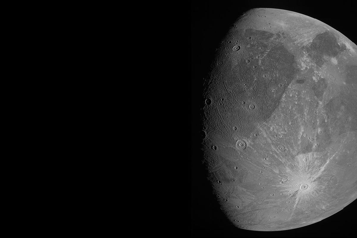 This image made available by NASA shows the Jovian moon Ganymede as the Juno spacecraft flies by. (NASA/JPL-Caltech/SwRI/MSSS via AP)