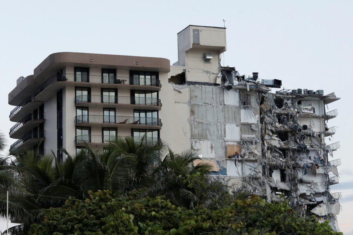 A building that partially collapsed is seen in Surfside, Fla., on June 24, 2021. (Marco Bello/Reuters)
