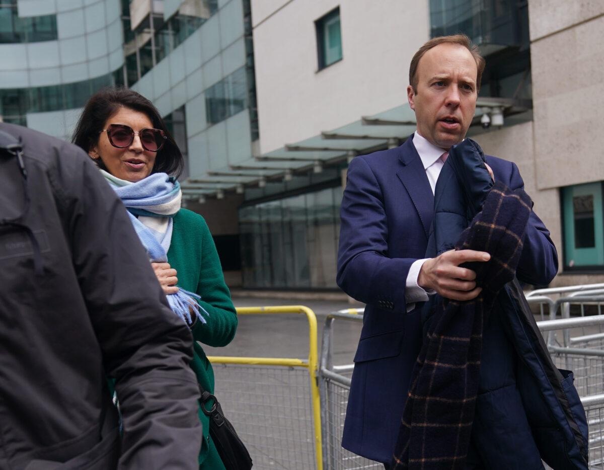 Matt Hancock with adviser Gina Coladangelo (left) outside BBC Broadcasting House in London after his appearance on the BBC1 current affairs programme, "The Andrew Marr Show," on May 16 2021. (Yui Mok/PA)