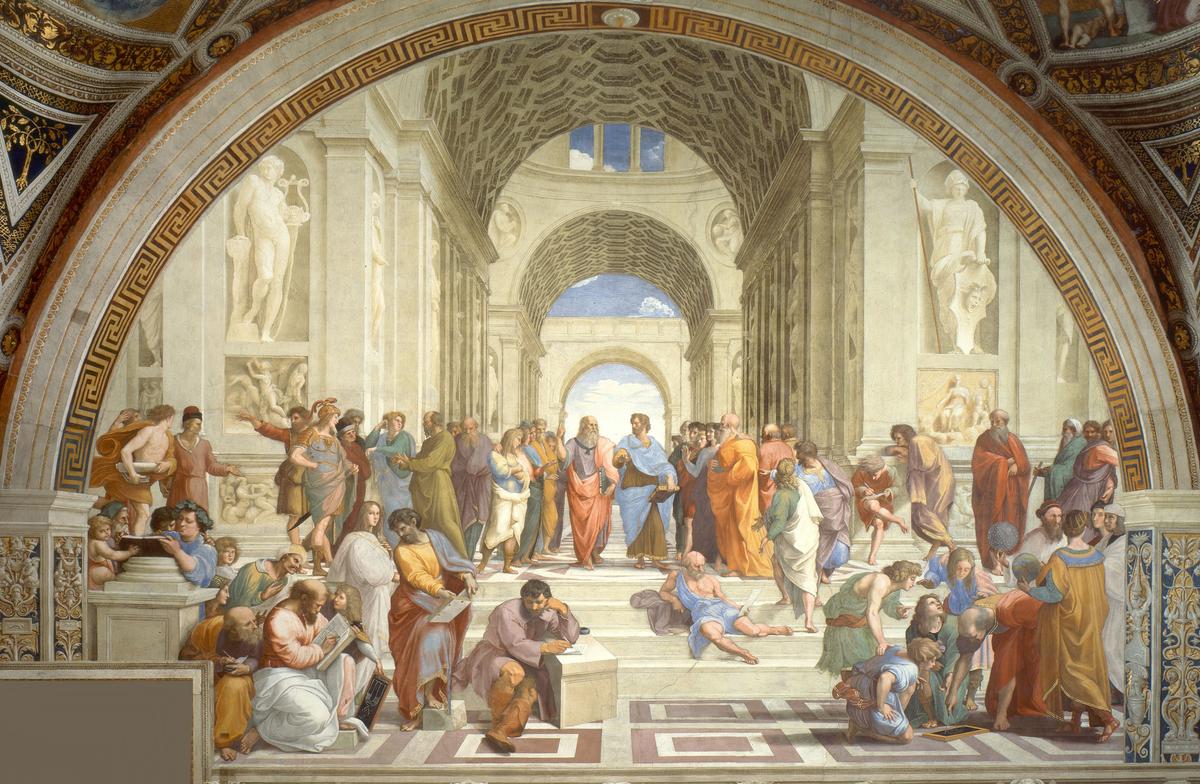 “The School of Athens,” 1509–1511, by Raphael. Fresco in the Stanza della Segnatura (Raphael Rooms). Apostolic Palace, Vatican City. (Public Domain)