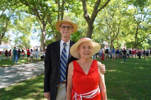 Scott Watson and his wife. Watson is a member of the Sons of the Revolution, an organization whose members are all descendants of people who fought in the Revolutionary War. (William Huang/The Epoch Times)