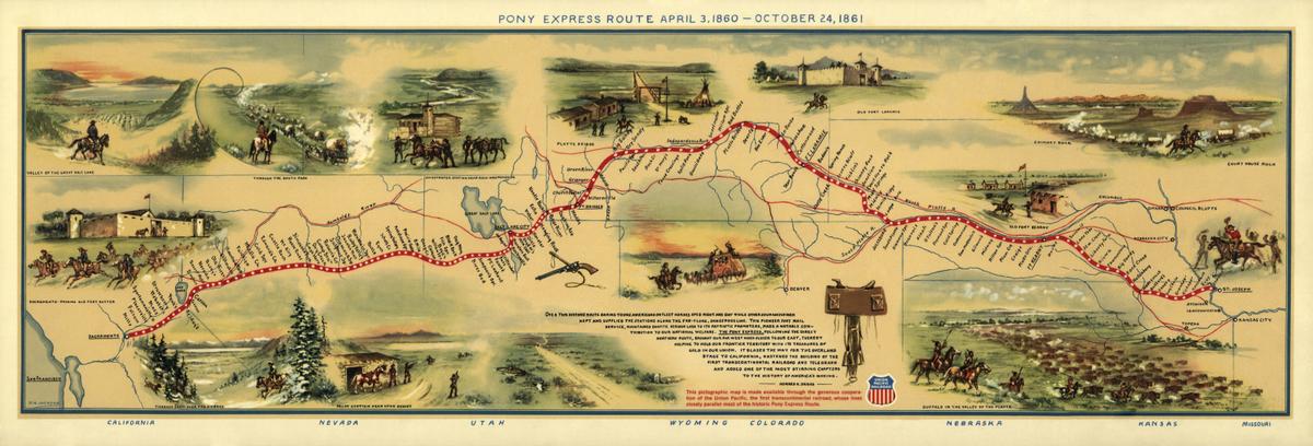 An illustrated map of the Pony Express route in 1860 by William Henry Jackson. The enterprise was short-lived due to financial reasons, but it fired up the imagination of many an American. (Public domain)