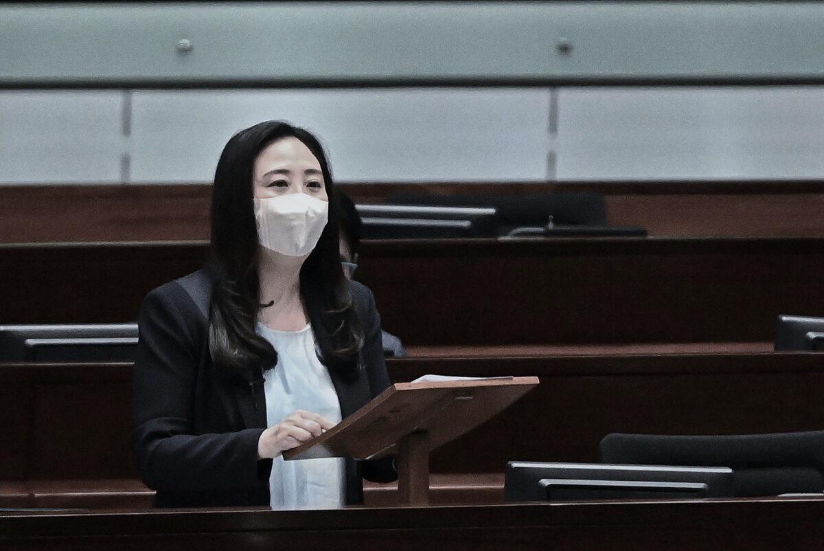 Elizabeth Quat, a legislator with a pro-Beijing party, speaks at the Hong Kong Legislative Council in Hong Kong on July 7, 2021. (Sung Pi-lung/The Epoch Times)