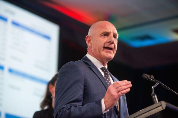 Liberal Leader and Premier of Tasmania Peter Gutwein speaks in the tally room for the Tasmanian Election in Hobart, Australia on May 1, 2021. (AAP Image/Chris Crerar)