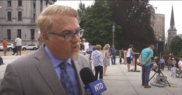 Attorney Marc Scaringi spoke at the Rally to End Critical Race Theory on the Capitol building steps in Harrisburg, Pa., on July 14, 2021. (from NTD)