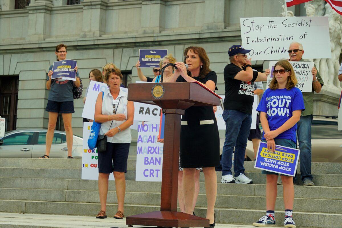 State Representative Barbara Gleim, co-sponsor of the House Bill 1532 spoke at the Rally to End Critical Race Theory on the Capitol building steps in Harrisburg, Pa., on July 14, 2021. (Steve Wen/Epoch Times)