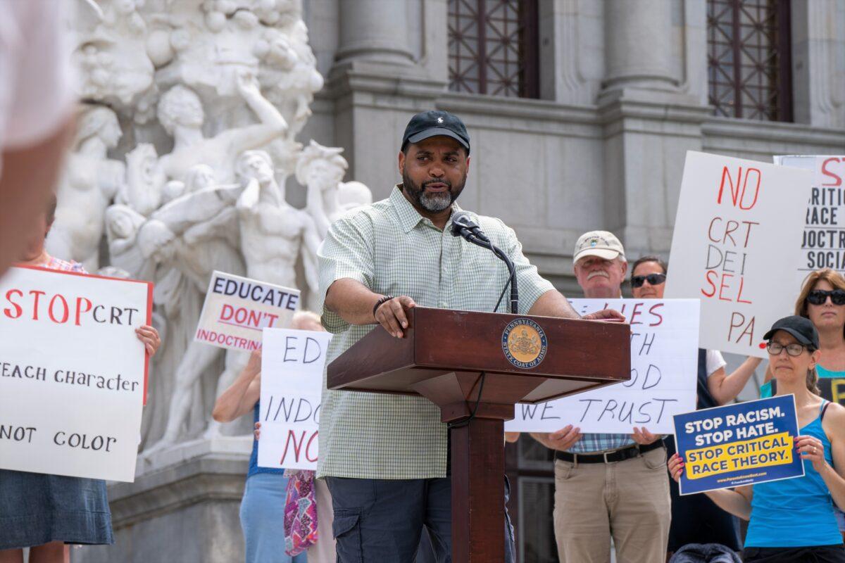 Pastor Joseph L. Green Jr. of St. Paul's Missionary Baptist Church spoke at the Rally to End Critical Race Theory on the Capitol building steps in Harrisburg, Pa., on July 14, 2021. (Steve Wen/Epoch Times)