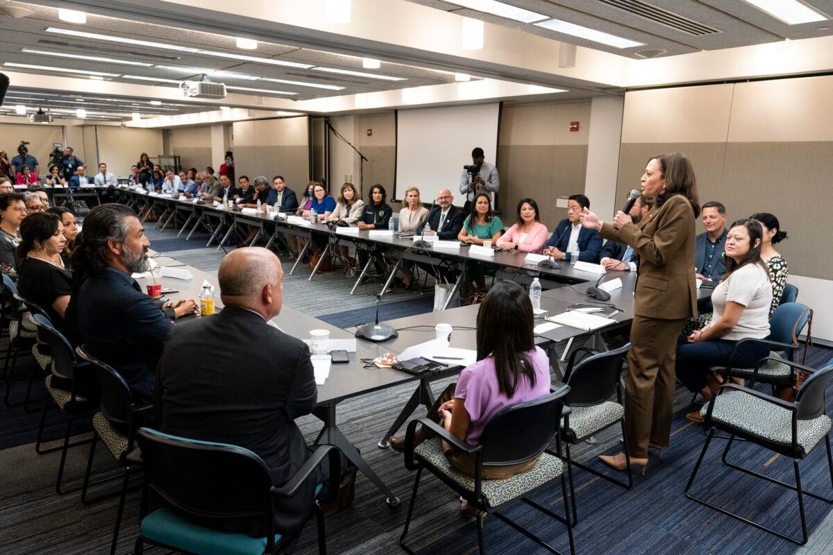 Vice President Kamala Harris meets with Democrats from the Texas state legislature at the American Federation of Teachers in Washington on July 13, 2021. (Alex Brandon/AP Photo)