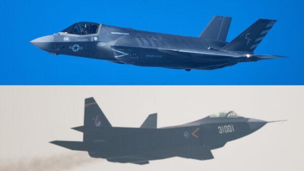 Composite image of an American F-35 Lightning II (top) and a Chinese J-31 Gyrfalcon (bottom). (Leon Neal/Getty Images, Johannes Eisele/AFP via Getty Images)