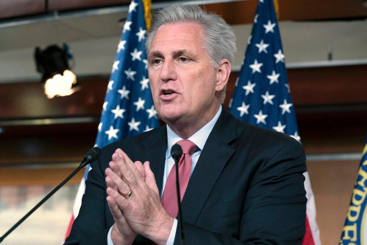 House Minority Leader Kevin McCarthy (R-Calif.) speaks during a news conference on Capitol Hill on July 22, 2021. (AP Photo/Jose Luis Magana)