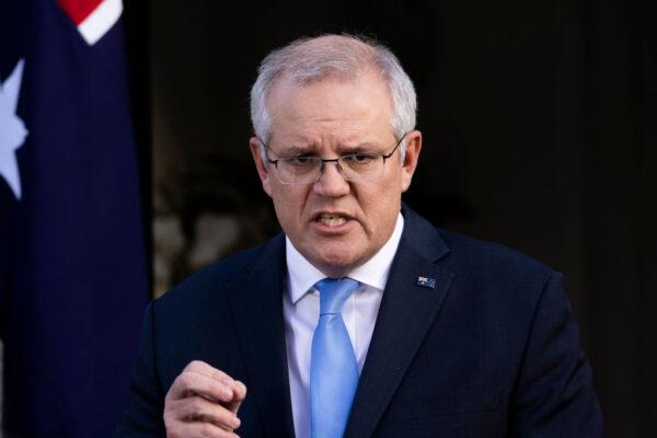 Australian Prime Minister Scott Morrison speaks during a press conference at Kirribilli House in Sydney, Australia, on July 13, 2021. (Jenny Evans/Getty Images)