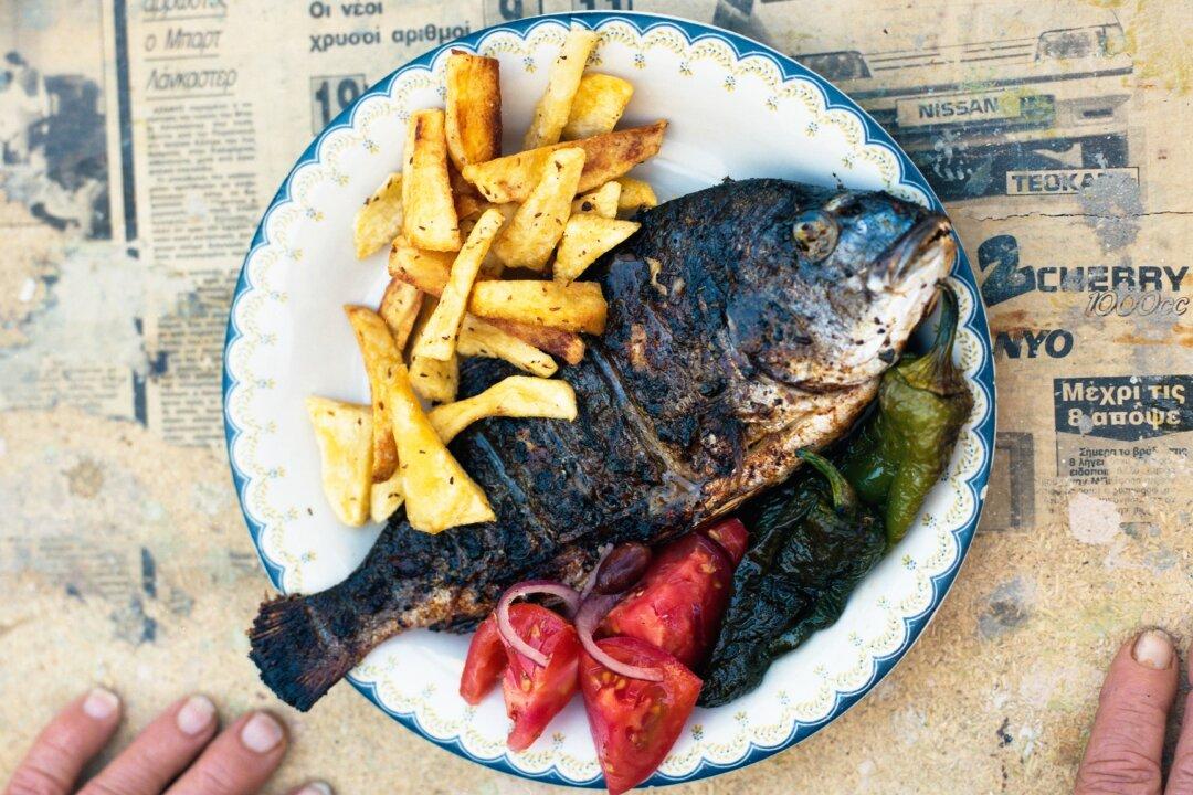 Yiayia Anastasia’s Greek Marinated Sea Bream, Greek Salad, and Garlic Dip (Skordalia)