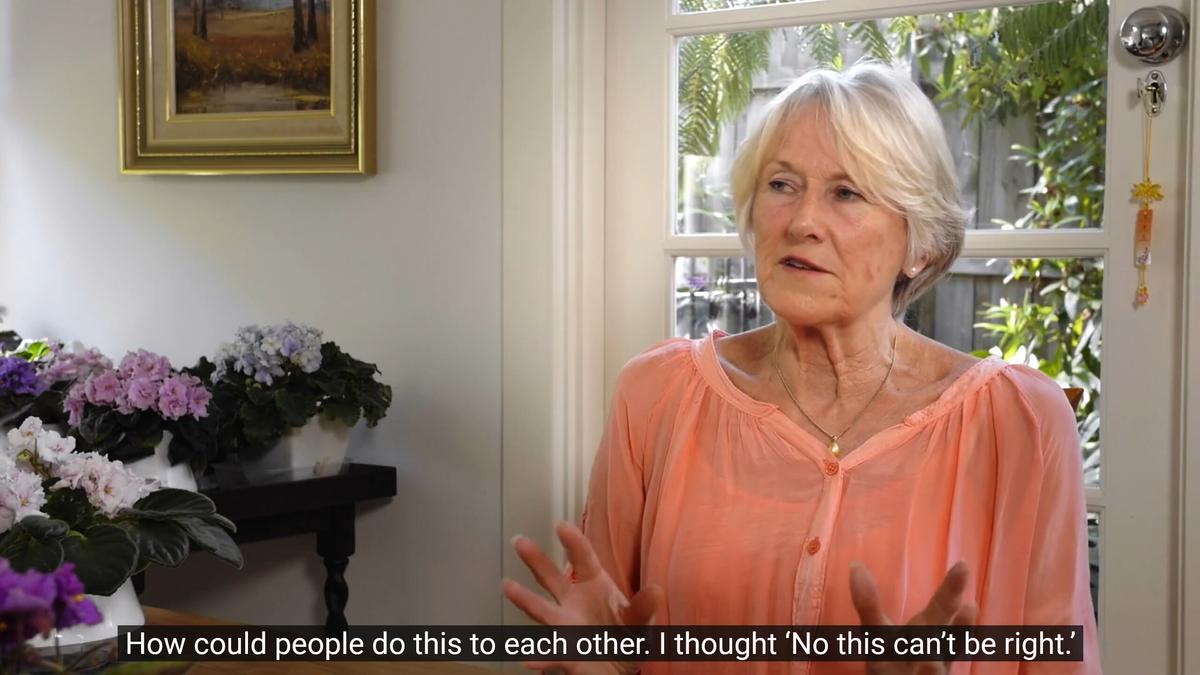 Screenshot of Jan Becker in the 2020 documentary film "Protest at Heaven's Gate," in which she tells her story about going to Tiananmen Square to stage a protest against human rights violations. (Courtesy of <a href="https://www.insightsmedia.com.au/films/protest-at-heavens-gate">Insights Media</a>)