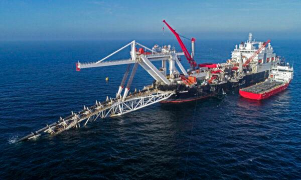 A ship works offshore in the Baltic Sea on the natural gas pipeline Nord Stream 2 from Russia to Germany on Nov. 11, 2018. (Bernd Wuestneck/DPA via AP)