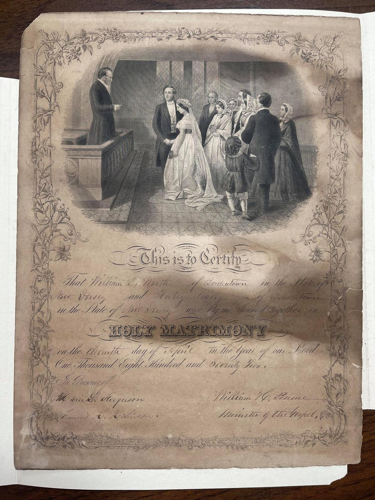 The marriage certificate that was discovered at the back of the painting. (Courtesy of <a href="https://www.facebook.com/KarmenCaroline">Karmen Smith</a>)