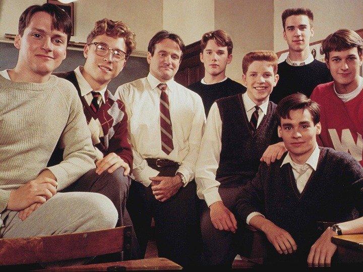 (L–R) Charlie Dalton (Gale Hansen), Steven Meeks (Allelon Ruggiero), Mr. Keating (Robin Williams), Todd Anderson (Ethan Hawke), Richard Cameron (Dylan Kussman), Neil Perry (Robert Sean Leonard), Gerard Pitts (James Waterston), and Knox Overstreet (Josh Charles), in "Dead Poets Society." (Touchstone Pictures/Warner Bros)