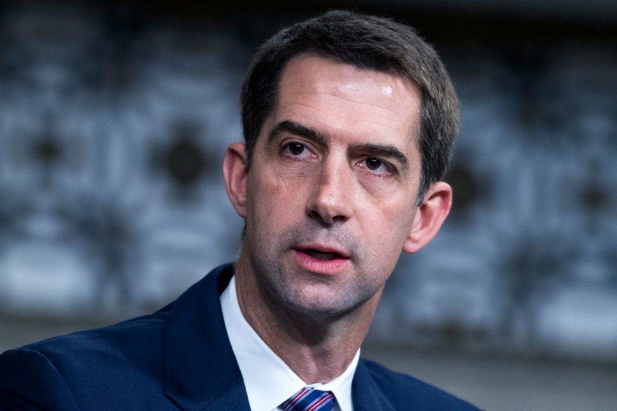 Sen. Tom Cotton (R-Ark.) asks a question during the Senate Judiciary Committee confirmation hearing in Washington, on April 28, 2021. (Tom Williams/CQ Roll Call)